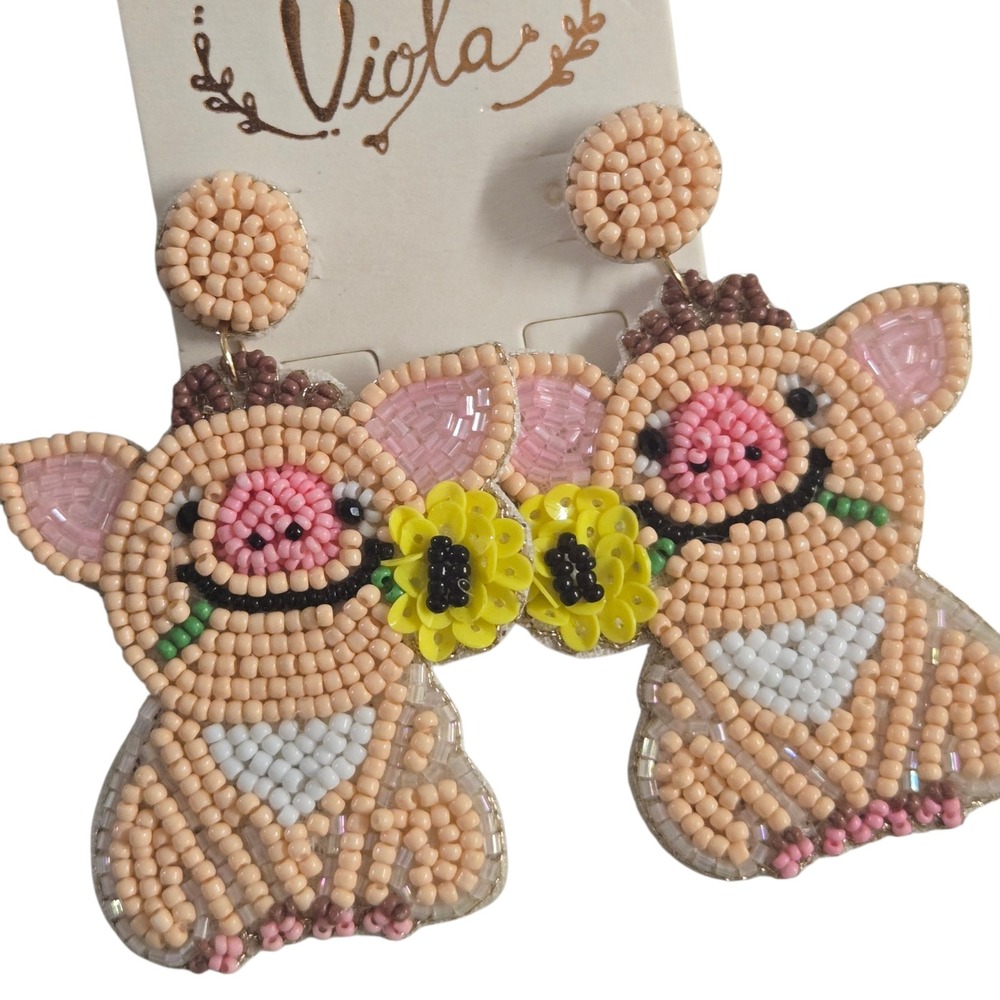 Viola Pig Seed Bead Post Earrings Sunflower Drop Dangle‎ Pink Whimsical Farmcore